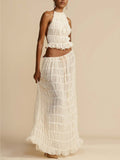 Flowy Pleated Maxi Skirt with Drawstring Waist and Tiered Layers