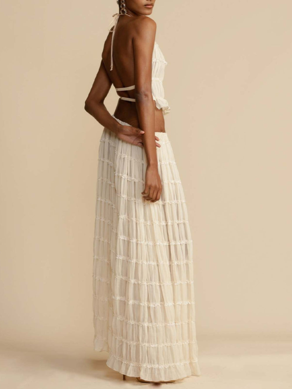 Flowy Pleated Maxi Skirt with Drawstring Waist and Tiered Layers