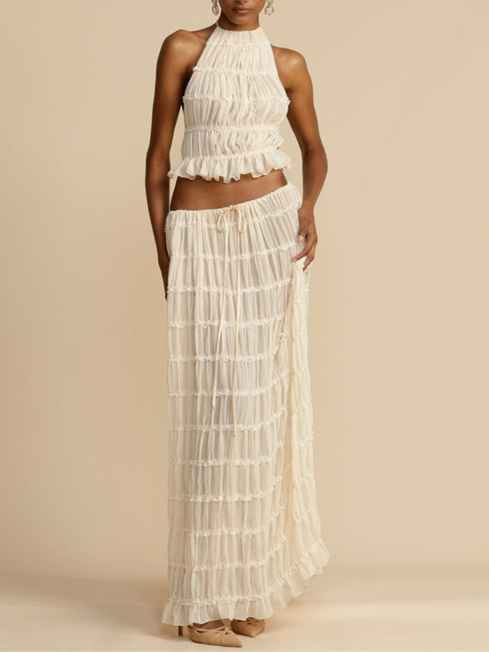 Flowy Pleated Maxi Skirt with Drawstring Waist and Tiered Layers