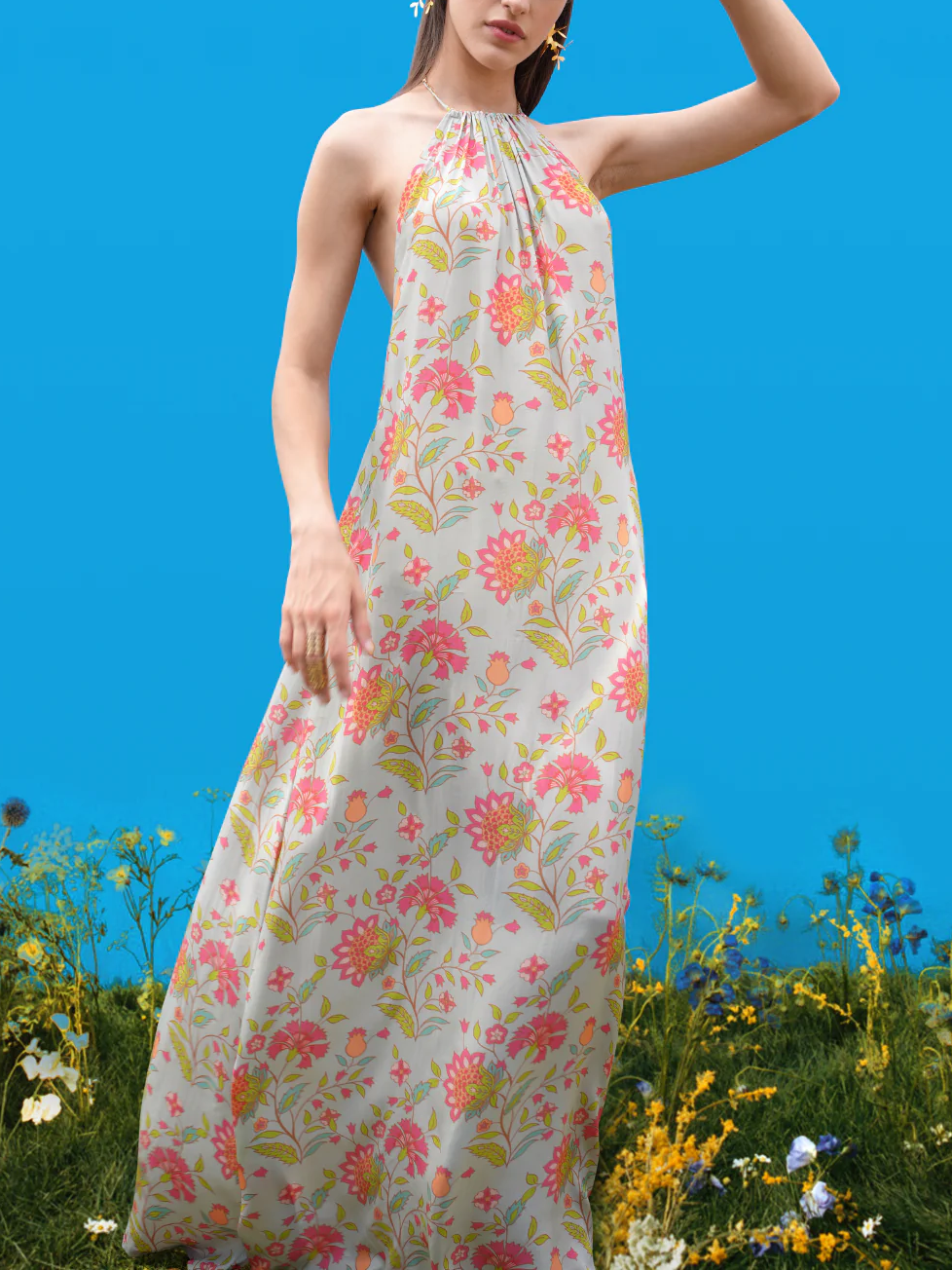 Halter-Back Maxi Dress with Hand-Drawn Prints