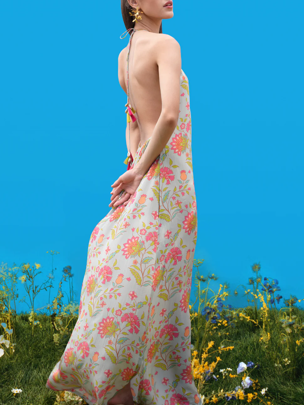 Halter-Back Maxi Dress with Hand-Drawn Prints