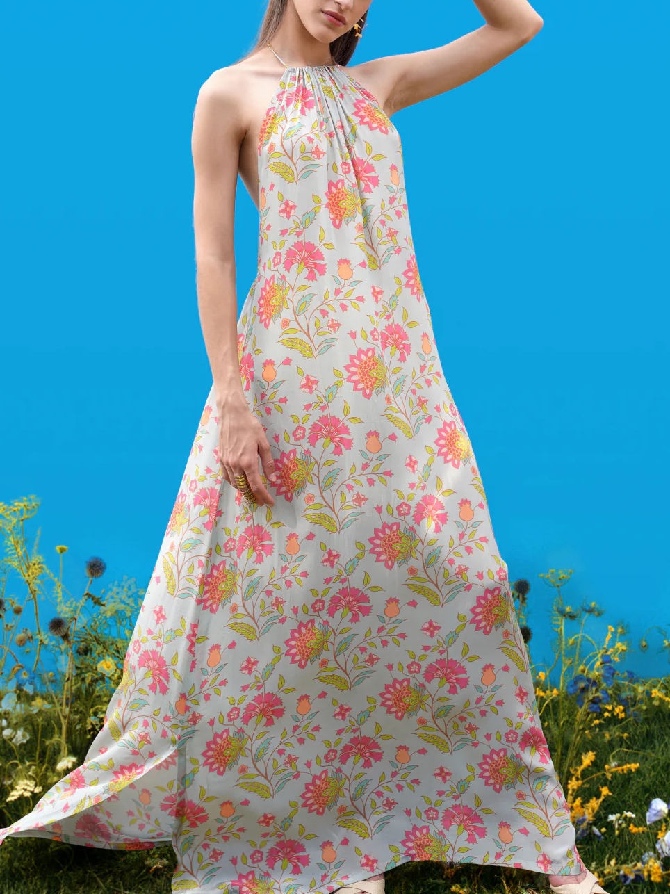 Halter-Back Maxi Dress with Hand-Drawn Prints