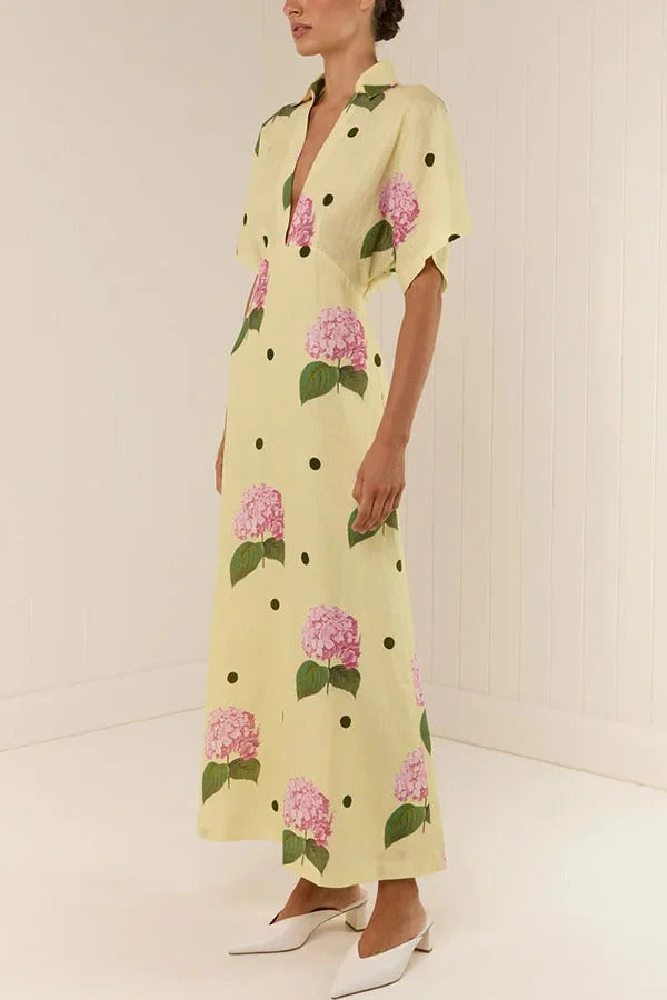 Jasmine Linen-Blend Floral Polka Dot Maxi Dress with Wide-Sleeve Shirt Silhouette