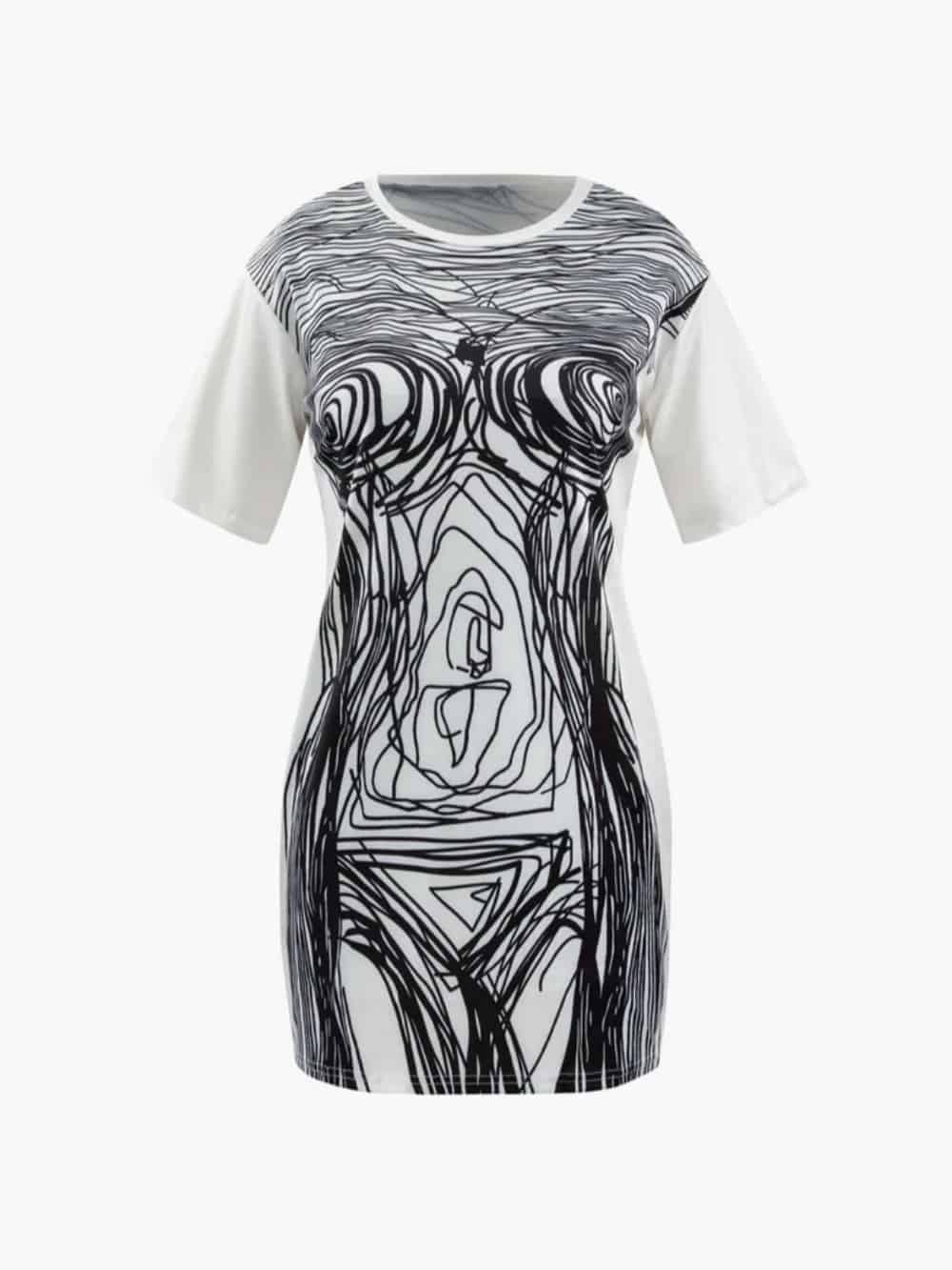 Chic Abstract Line-Print Short-Sleeve Mini Dress