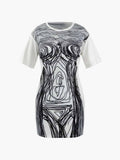 Chic Abstract Line-Print Short-Sleeve Mini Dress