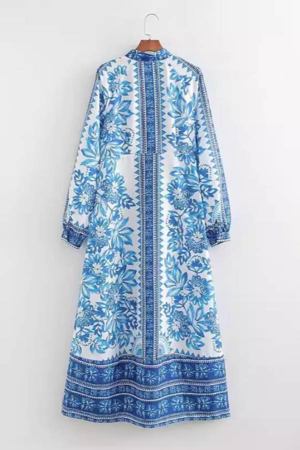 Chic Print Button-Down Maxi Dress with Long Sleeves