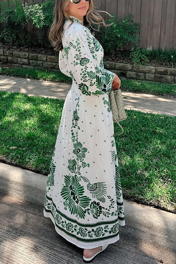 Chic Print Button-Down Maxi Dress with Long Sleeves