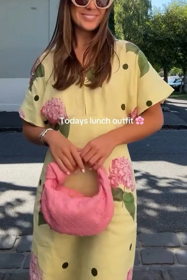 Jasmine Linen-Blend Floral Polka Dot Maxi Dress with Wide-Sleeve Shirt Silhouette