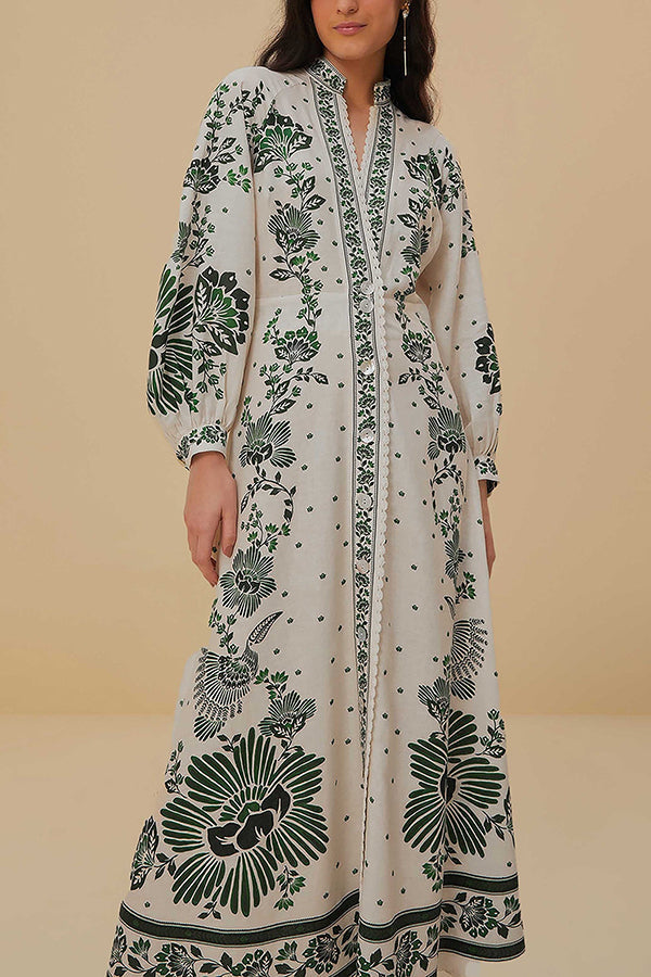 Chic Print Button-Down Maxi Dress with Long Sleeves