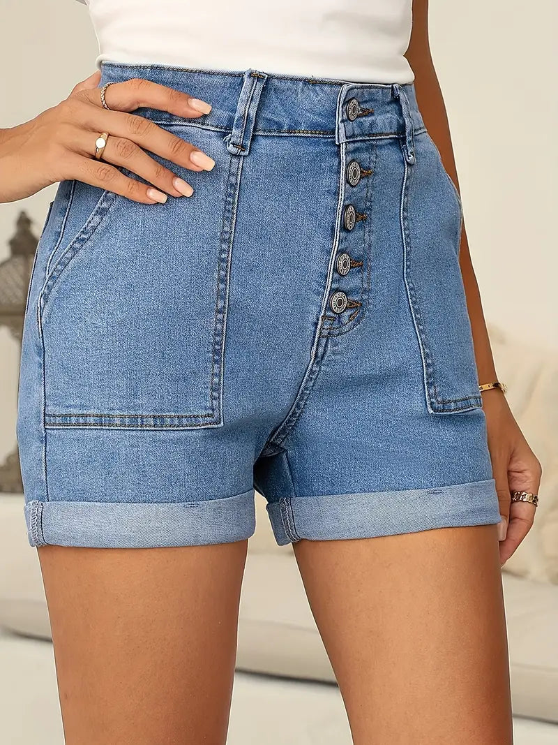 Lila Vintage Denim Stretch Shorts — Retro Style, All-Day Comfort