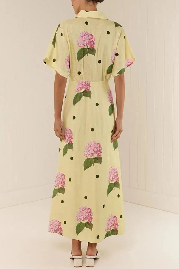 Jasmine Linen-Blend Floral Polka Dot Maxi Dress with Wide-Sleeve Shirt Silhouette