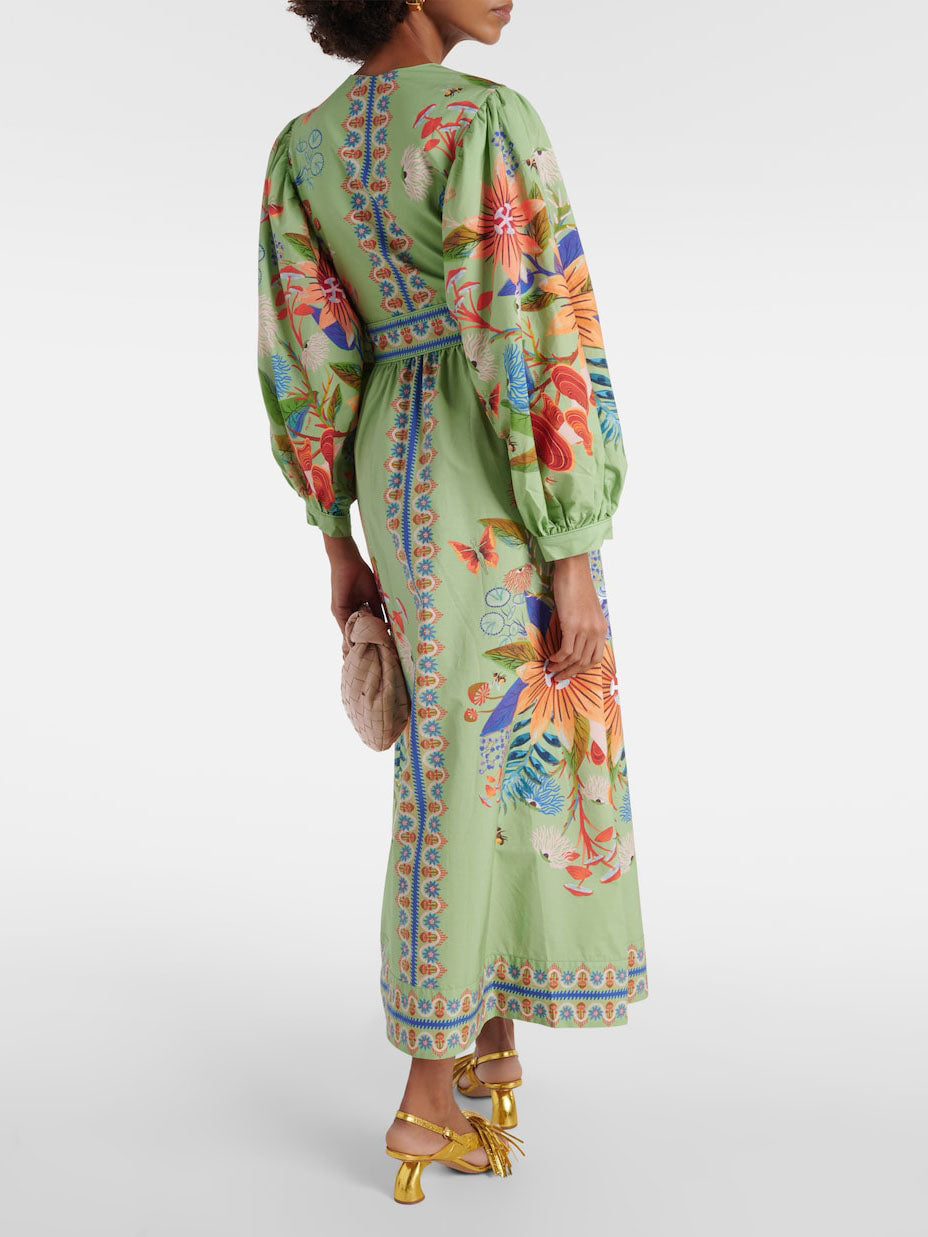 Delicate Floral V-Neck Midi Dress with Single-Breasted Bodice Detail