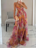 Chic Painted Floral Print V-Neck A-Line Maxi Dress