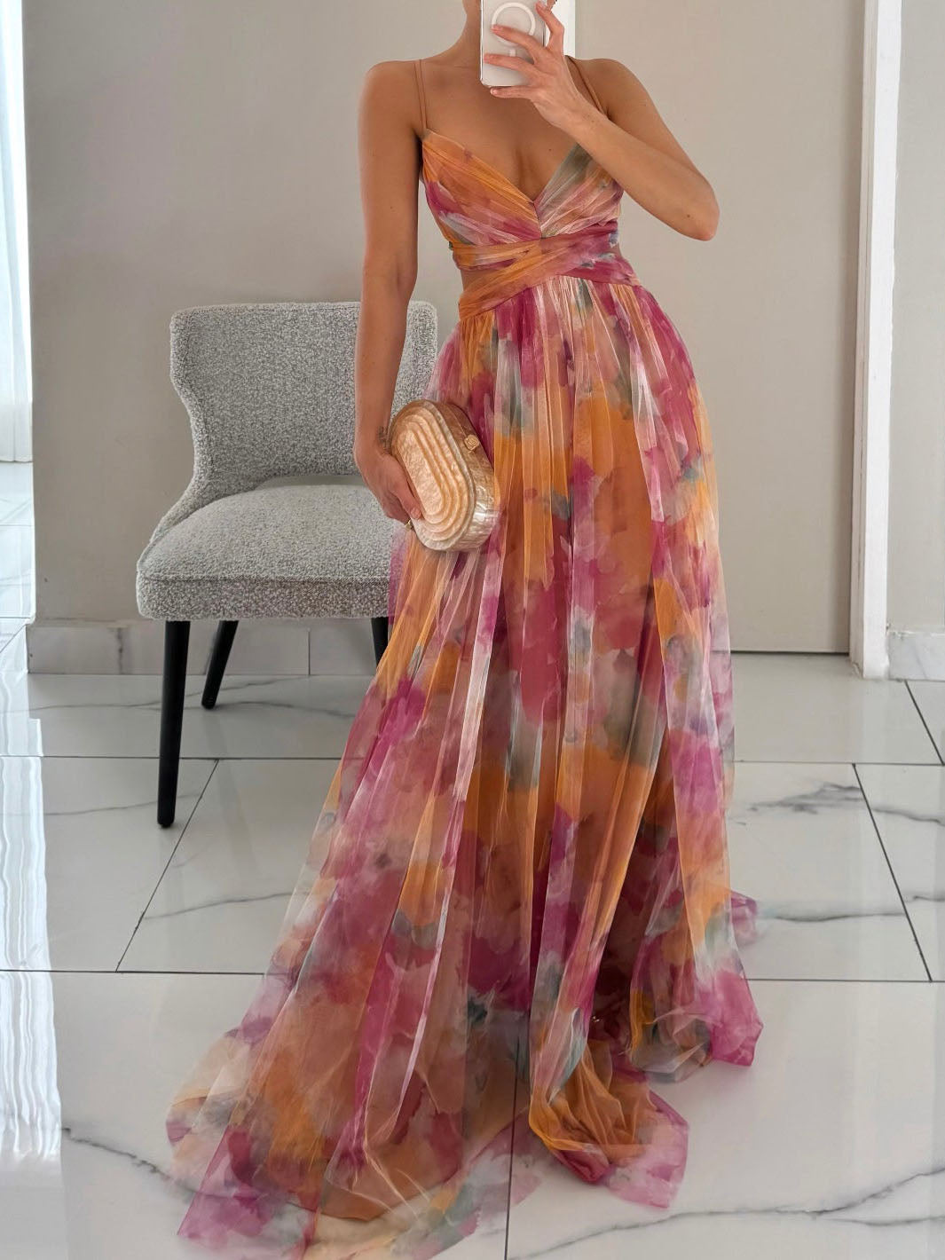 Chic Painted Floral Print V-Neck A-Line Maxi Dress