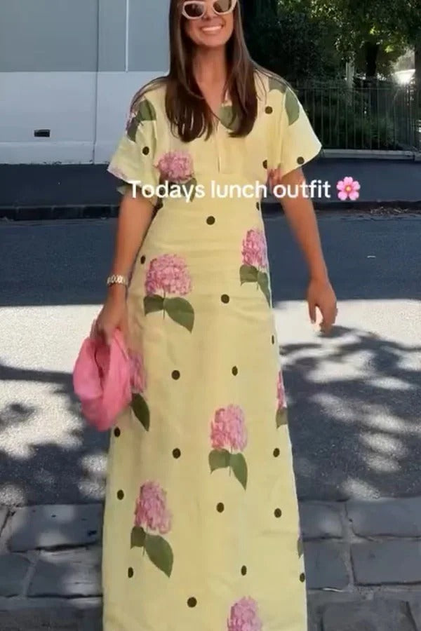 Jasmine Linen-Blend Floral Polka Dot Maxi Dress with Wide-Sleeve Shirt Silhouette