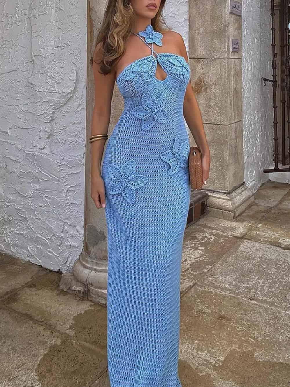 3D Floral Embellished Halter-Neck Bodycon Crochet Maxi Dress