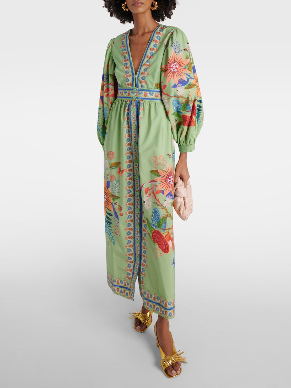 Delicate Floral V-Neck Midi Dress with Single-Breasted Bodice Detail