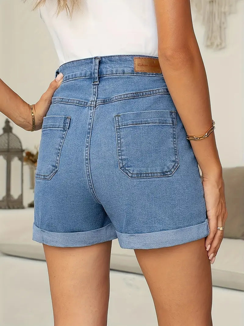 Lila Vintage Denim Stretch Shorts — Retro Style, All-Day Comfort