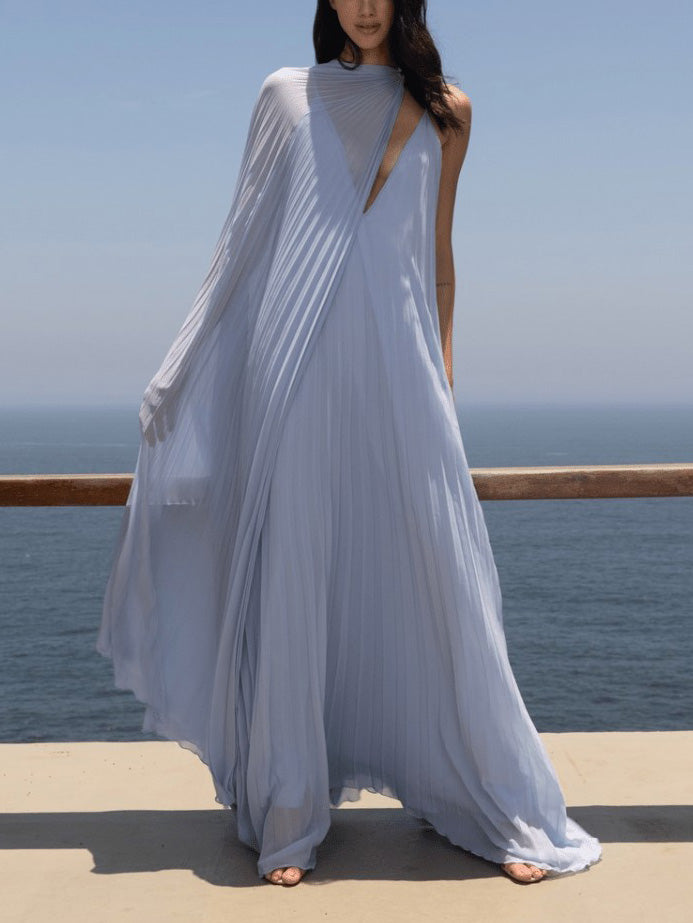 Elegant V-Neck Pleated Maxi Dress with a Flowing Silhouette