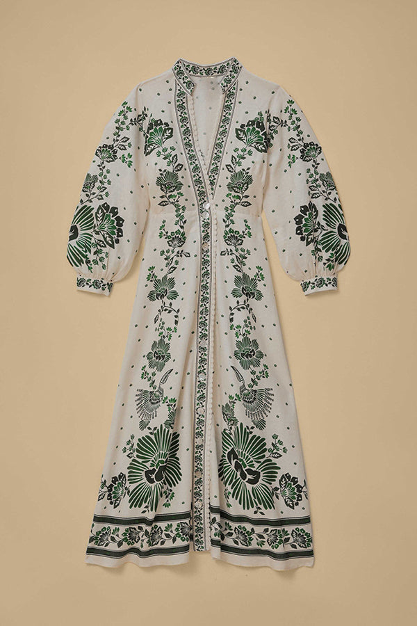 Chic Print Button-Down Maxi Dress with Long Sleeves