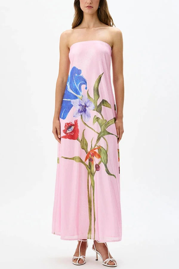 Glam Night Sequin Floral Print Off-Shoulder A-Line Maxi Dress