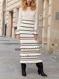 Chic Knit Stripe Ruffle Long-Sleeve Maxi Dress