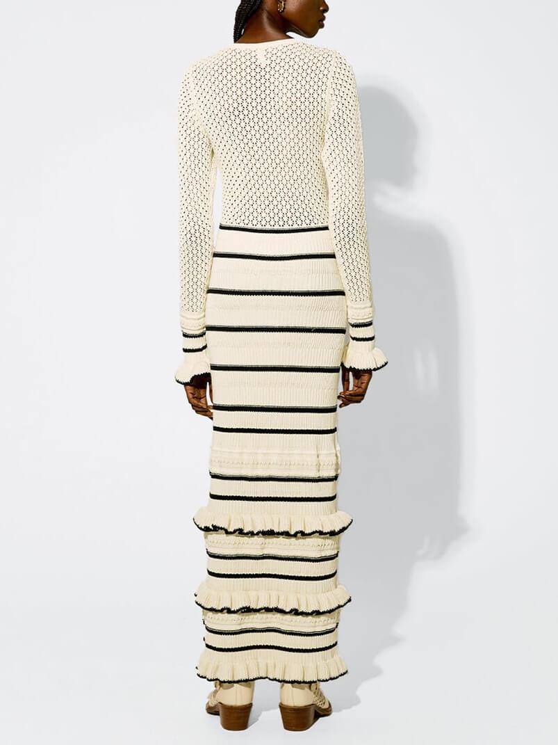 Chic Knit Stripe Ruffle Long-Sleeve Maxi Dress