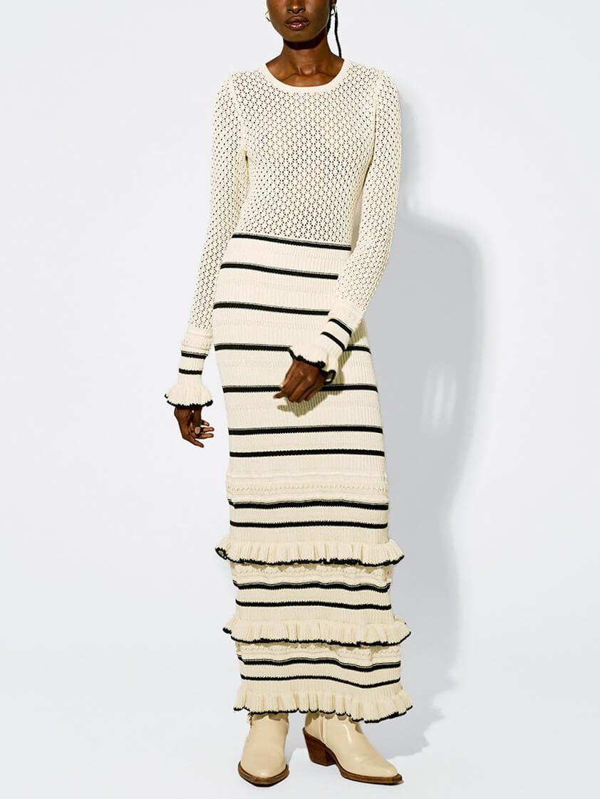 Chic Knit Stripe Ruffle Long-Sleeve Maxi Dress